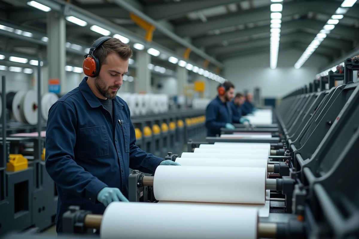 Intérieur d'une imprimerie industrielle avec des machines offset et un technicien en uniforme travaillant sur des rouleaux de papier