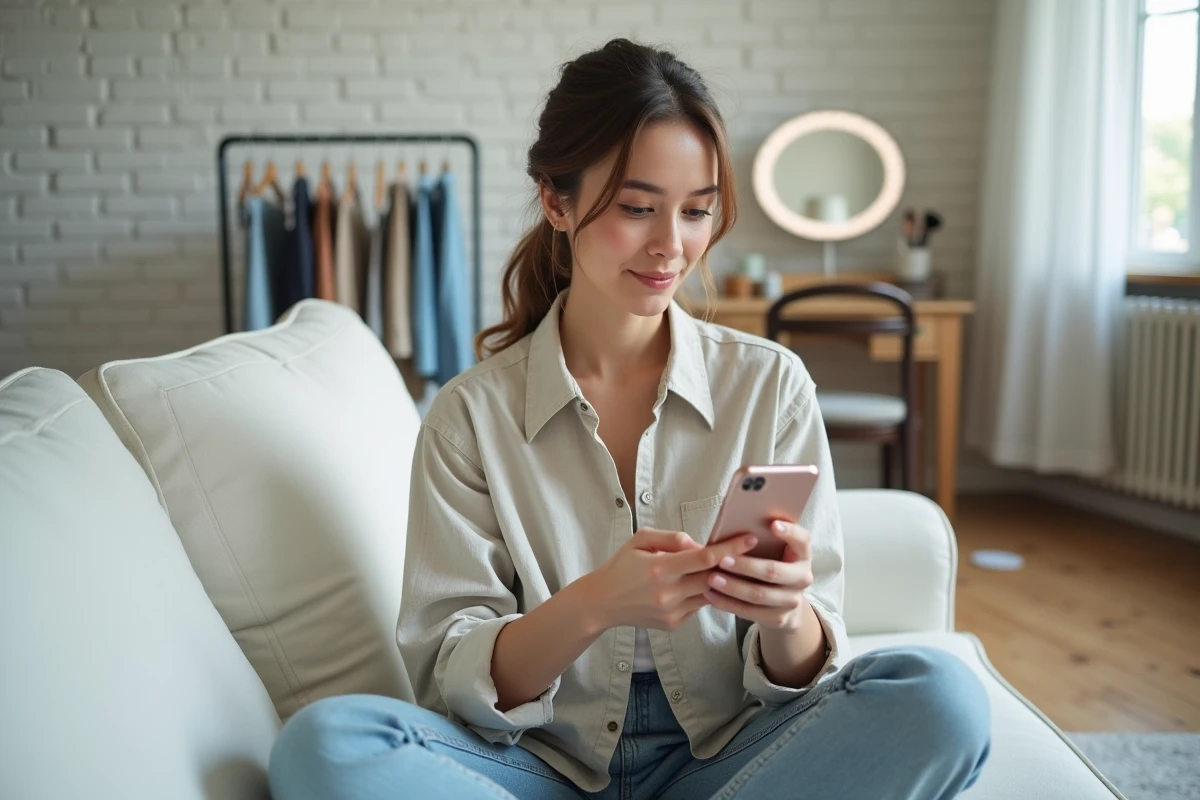 Jeune influenceuse consultant son smartphone dans un studio de création de contenu, illustrant la gestion des posts et stories dans le cadre d'un contrat d'égérie