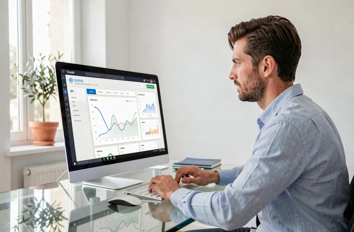 Stratège SEO de l'agence Influsweb analysant des métriques de performance web sur un grand écran de bureau