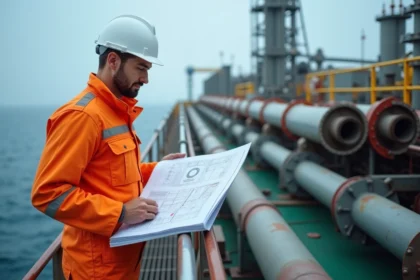 Ingénieur pétrolier en combinaison orange sur le pont d'une station offshore, examinant des plans techniques avec la mer du Nord en arrière-plan