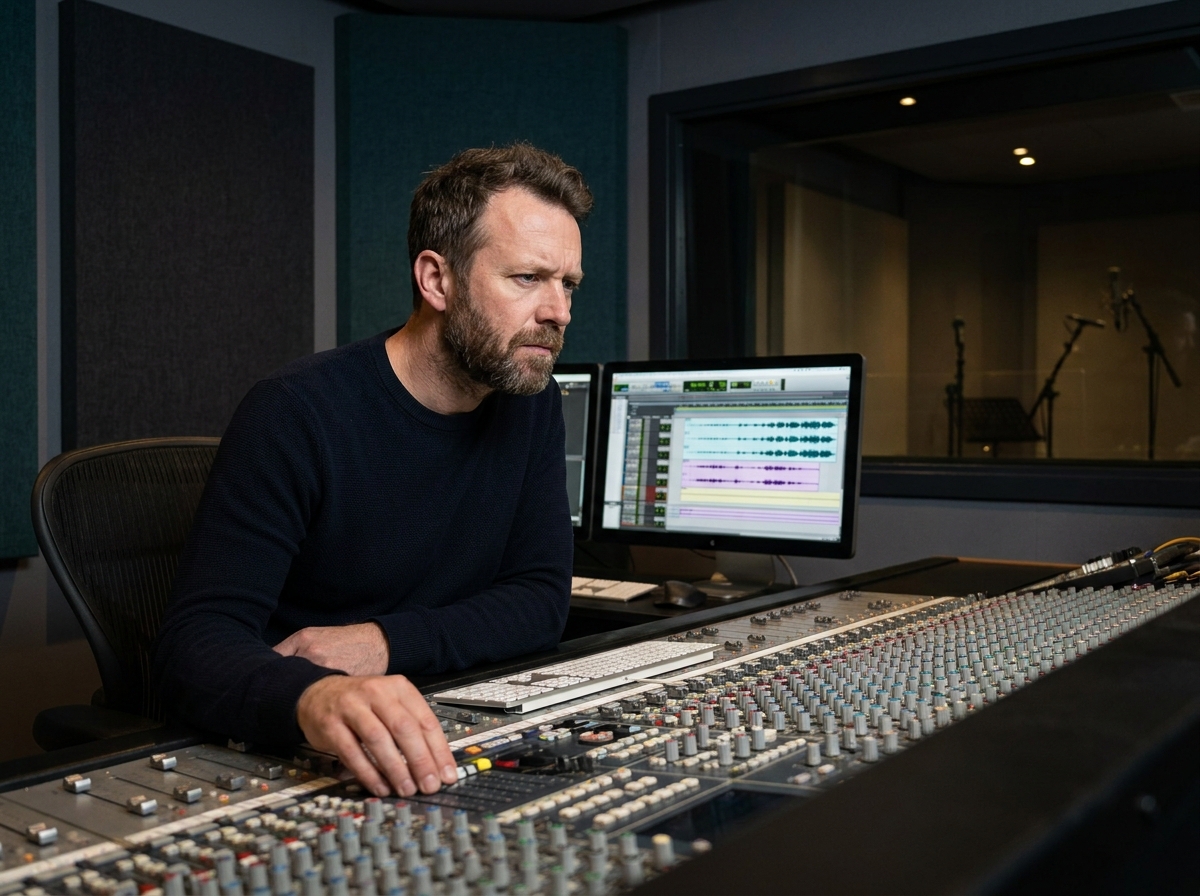 Ingénieur du son masculin travaillant sur une console de mixage professionnelle pour la production de voix off en anglais international