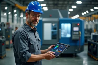 Ingénieur industriel en usine consultant un tableau de bord numérique en temps réel sur tablette, entouré de machines CNC