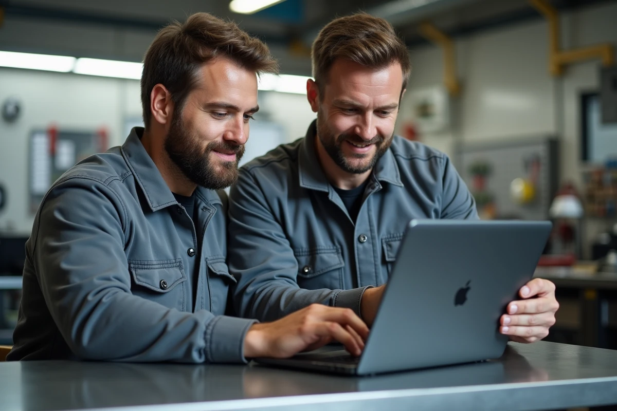 Deux ingénieurs de maintenance analysant des données de GMAO sur ordinateur et smartphone dans un atelier