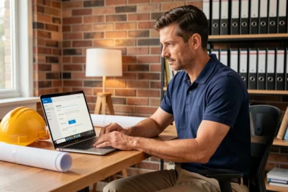 Artisan du bâtiment inscrit sur une plateforme professionnelle en ligne depuis son bureau à domicile
