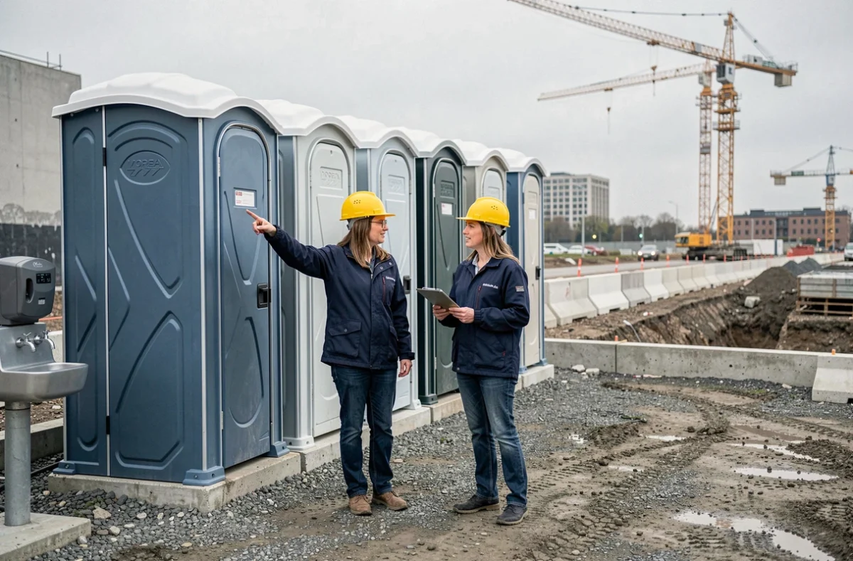 Responsables de chantier inspectant une rangée de toilettes mobiles et une station de lavage des mains sur un chantier urbain