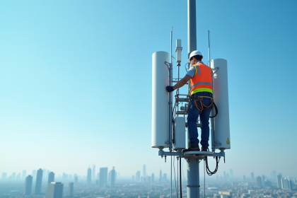 Ingénieur télécom installant une antenne 5G sur une tour moderne en journée