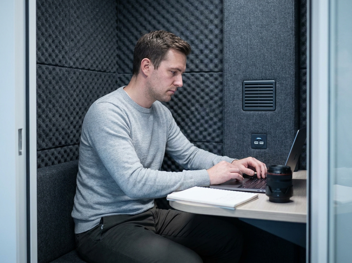 Intérieur d'une phonebox de bureau avec un homme travaillant sur un ordinateur portable