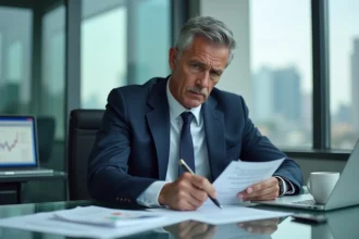 Investisseur masculin en costume marine examinant des documents financiers avec méfiance dans un bureau moderne