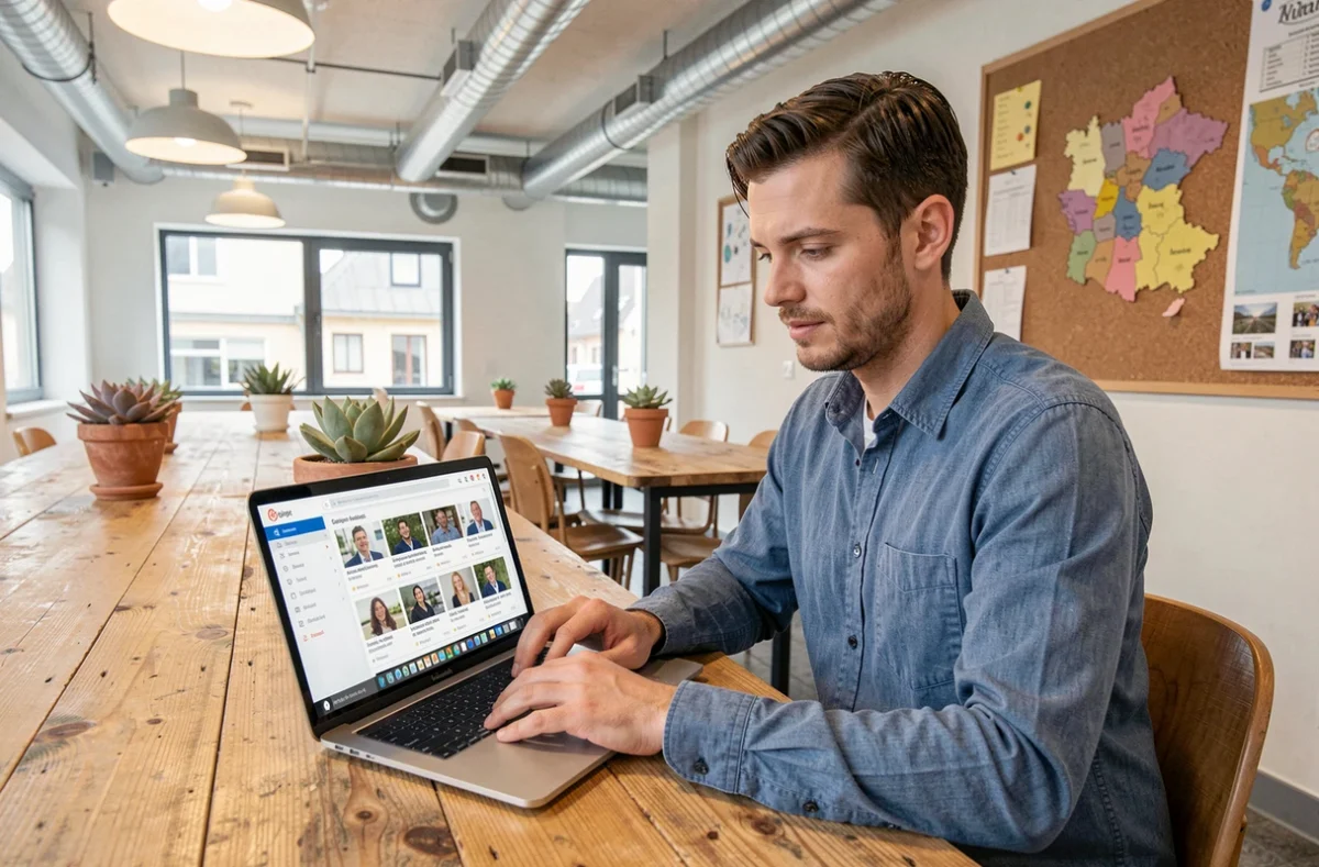 Coordinateur digital de Jesuisnumerique.fr gérant un annuaire d'experts web du Loiret sur un ordinateur portable dans un espace de coworking avec carte régionale en arrière-plan