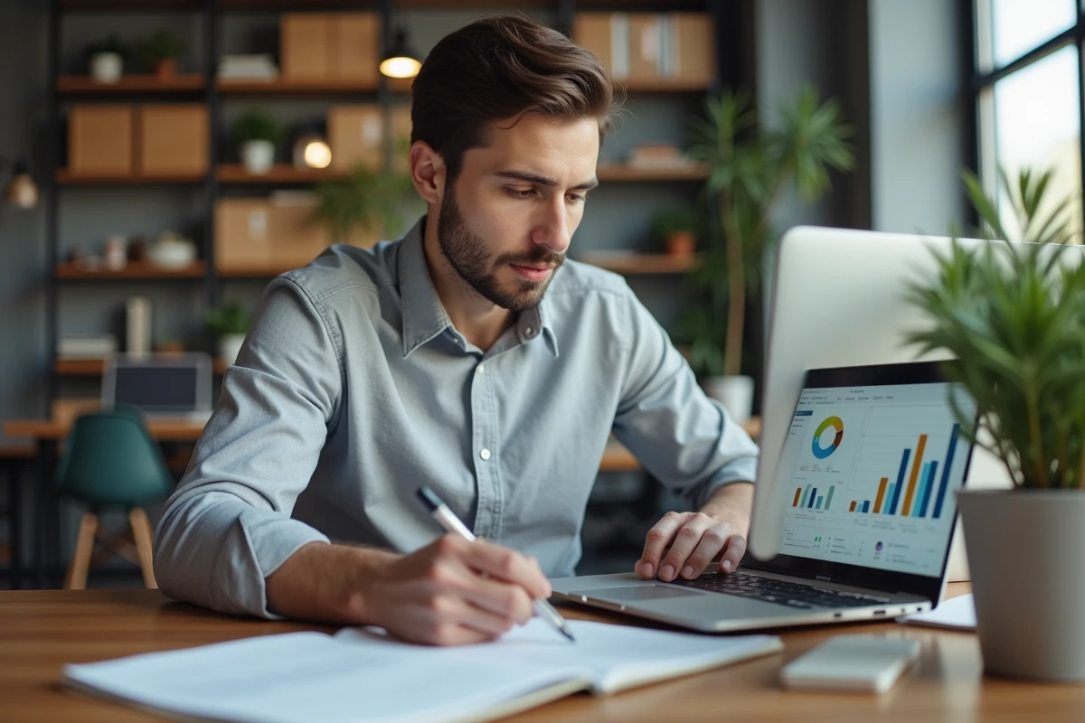 Jeune analyste financier travaillant sur des tableaux de bord et des données financières dans un espace de travail moderne, illustration d'une carrière en audit Big 4