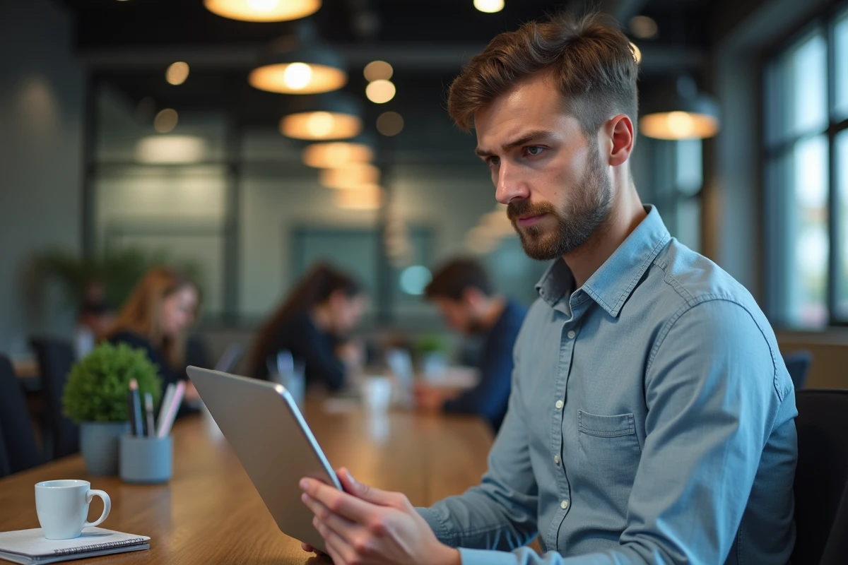 Jeune consultant sceptique dans espace de coworking dynamique