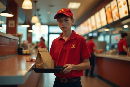 Jeune employé de 16 ans en uniforme McDo derrière le comptoir d'un fast-food