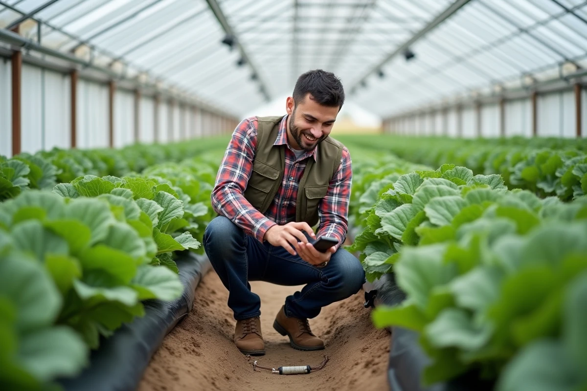 Jeune ingénieur vérifiant des cultures en serre