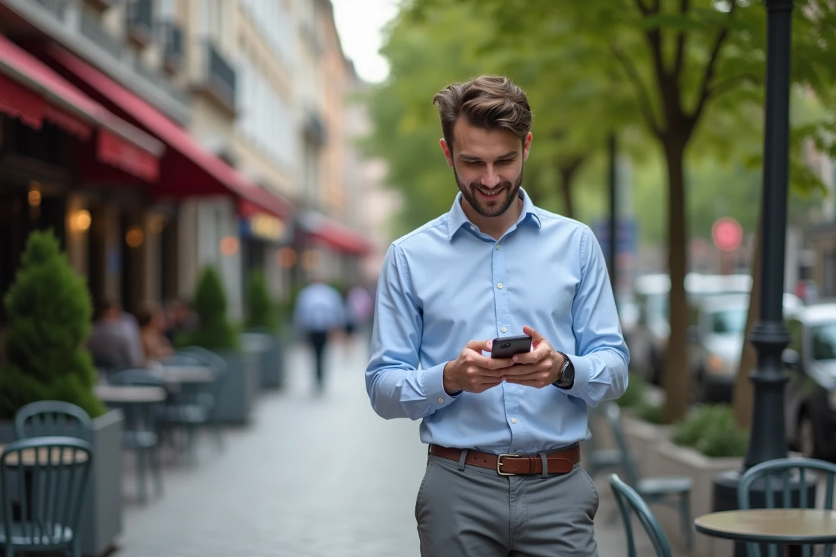 Jeune entrepreneur dehors regardant son téléphone