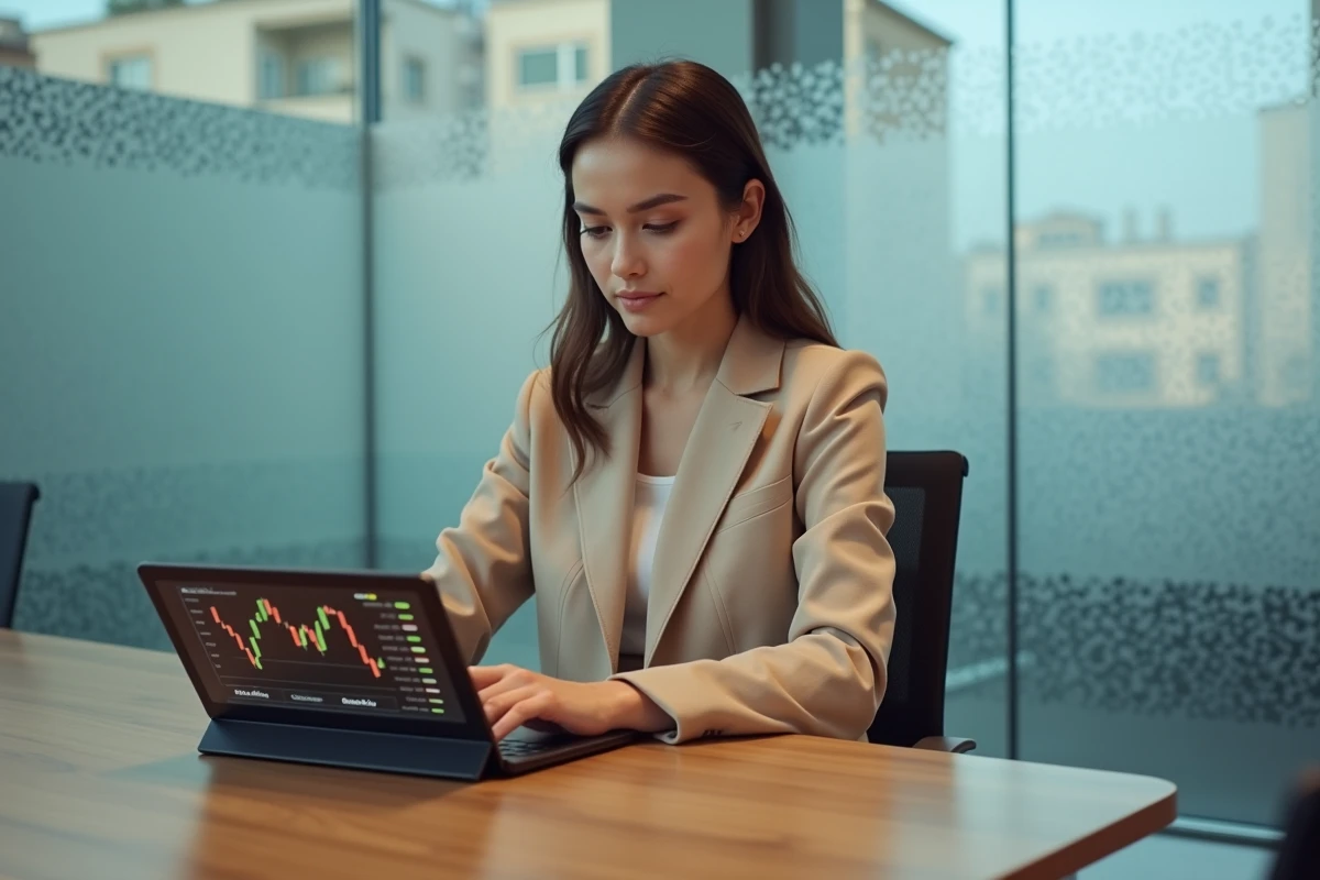 Jeune analyste assise avec un graphique financier