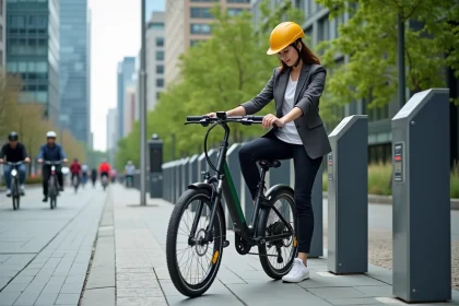 Jeune femme en vélo électrique en ville avec casque jaune