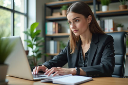 Jeune femme concentrée travaillant sur son ordinateur dans un bureau moderne