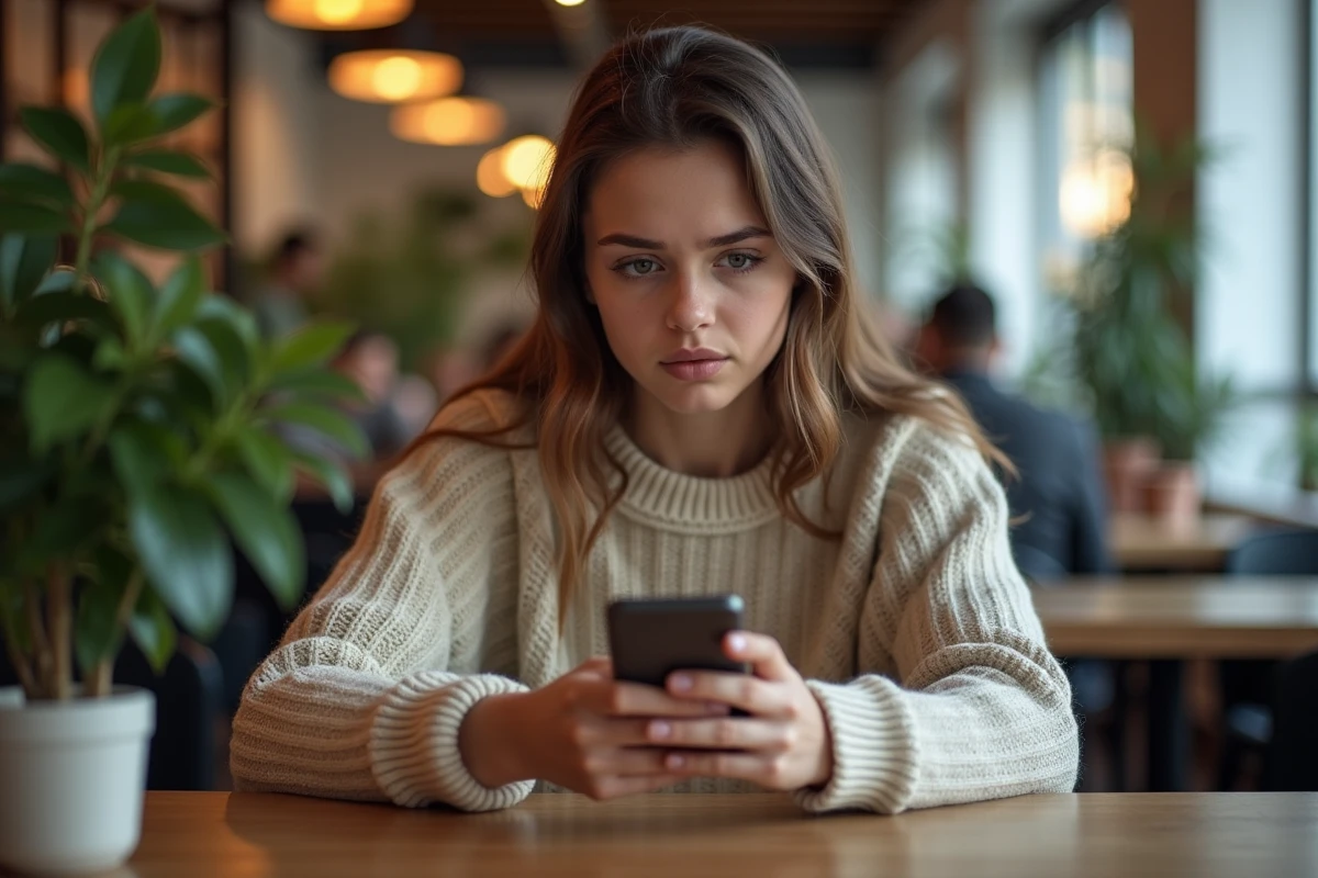 Jeune femme sceptique avec son smartphone au café
