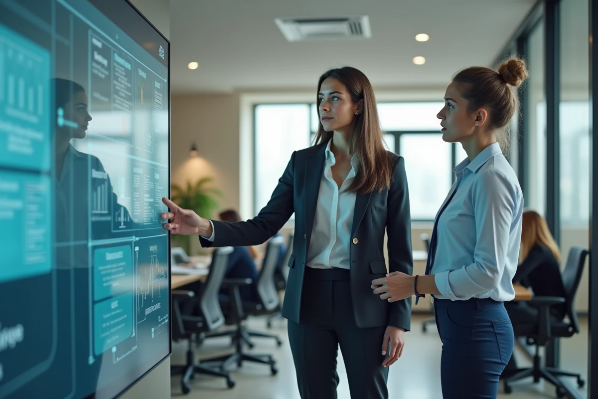 Jeune femme en réunion discutant avec un collègue