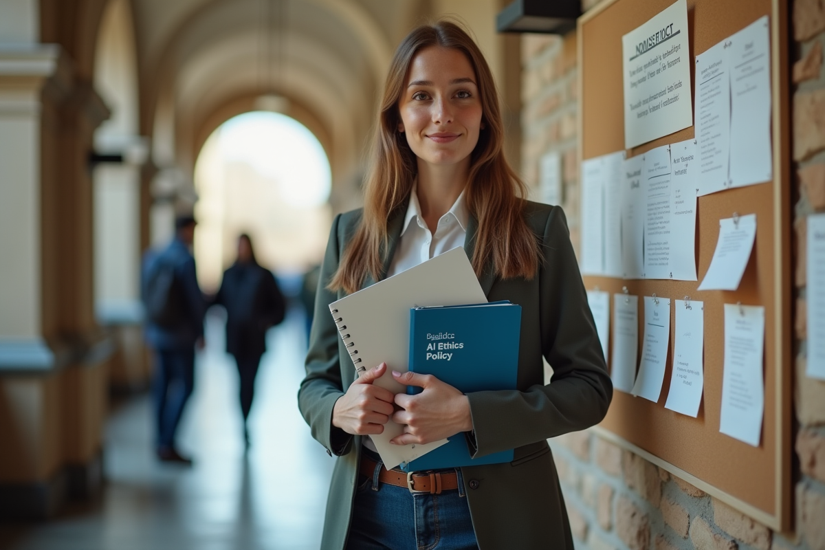 Jeune femme en université tenant un dossier sur l
