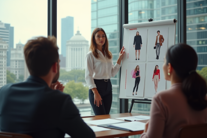 Jeune femme en bureau moderne présentant un moodboard mode
