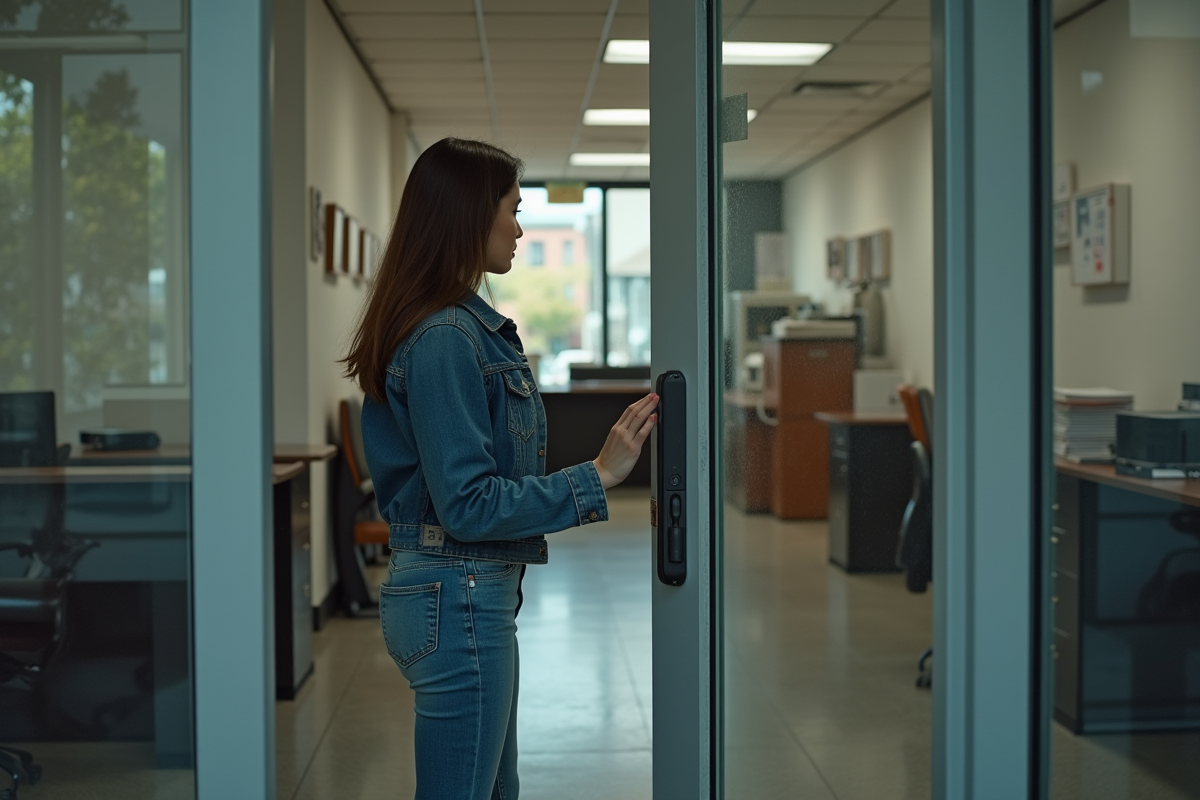 Jeune femme observant une porte verrouillee dans un hall désert