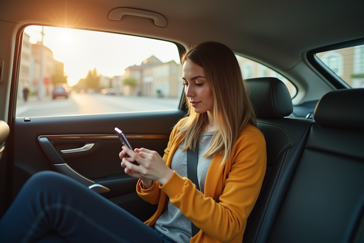 Jeune femme utilisant une application sur son smartphone dans une voiture en journée