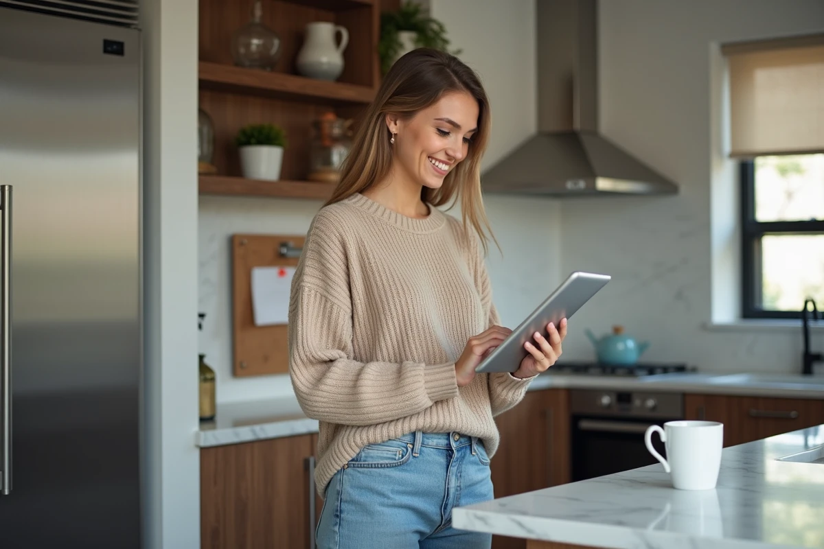 Jeune femme souriante utilisant une tablette dans une cuisine moderne
