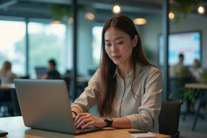 Jeune femme en tenue professionnelle concentrée sur son ordinateur dans un bureau moderne