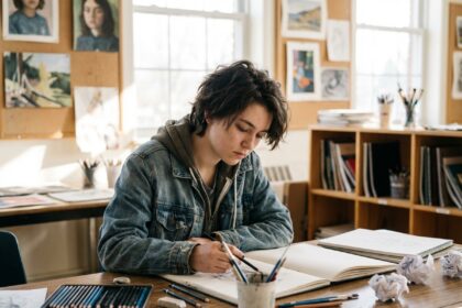 Jeune fille en classe dessinant dans un cahier
