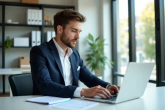 Jeune homme d'affaires au bureau en costume navy