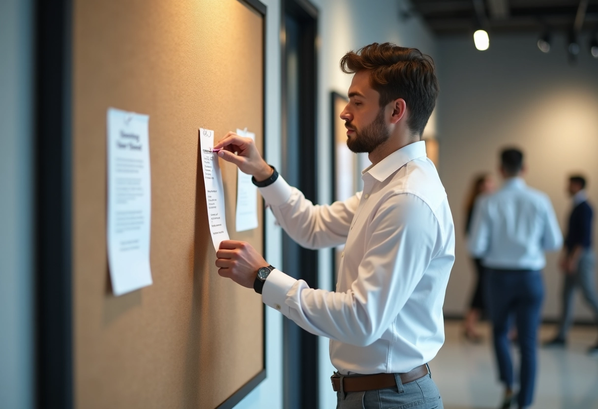 Jeune homme affichant une note sur un tableau d affichage