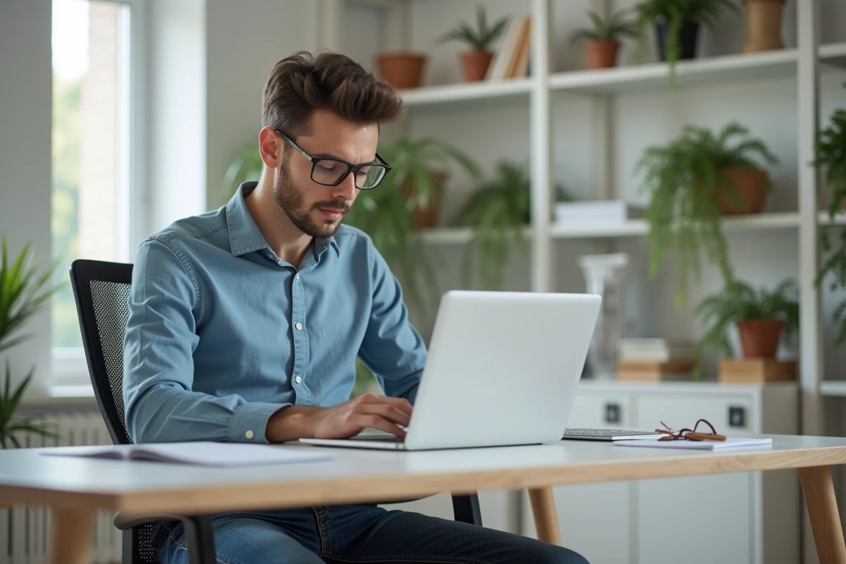 Jeune homme professionnel travaillant sur son ordinateur dans un bureau moderne