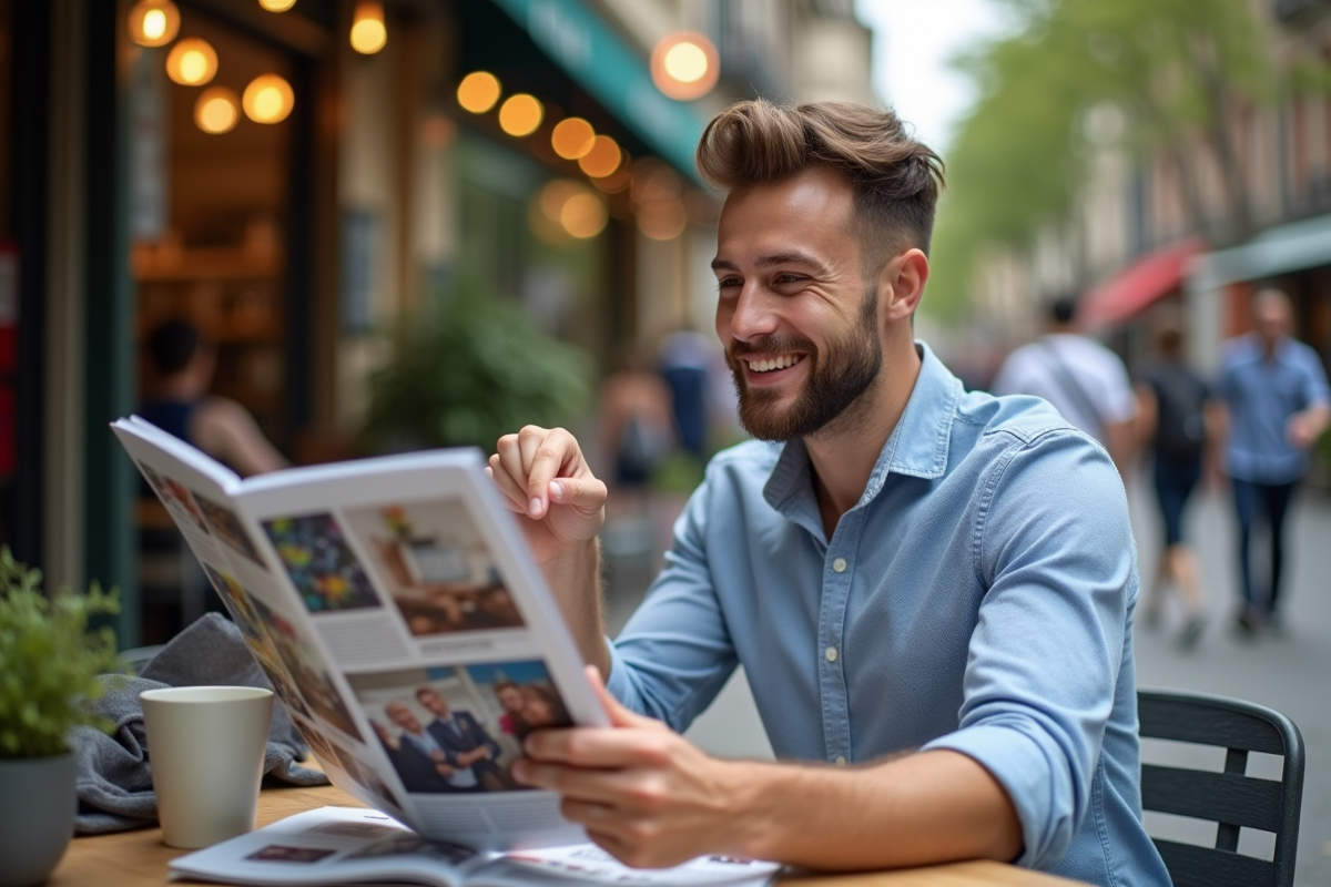 Jeune homme souriant discutant avec un ami au café en plein air