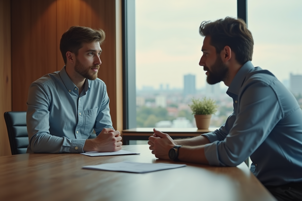 Jeune homme discutant avec un responsable RH dans une salle de réunion