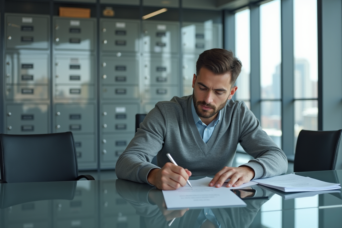 Jeune homme en réunion vérifiant un dossier dans un bureau professionnel
