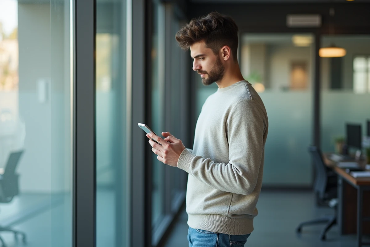 Jeune homme envoyant un document avec son smartphone au bureau