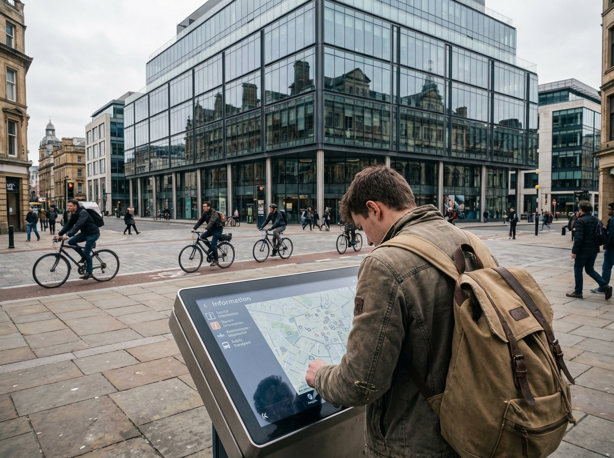 Jeune homme avec sac utilisant un écran tactile en ville