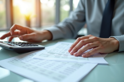 Jeune professionnel calculant son salaire avec une calculatrice et des bulletins