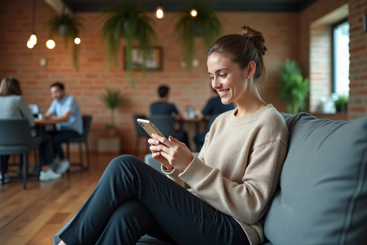 Jeune professionnelle consultant ses bulletins de paie dématérialisés sur smartphone dans un espace de coworking, illustrant l'accès mobile à un coffre-fort numérique RH
