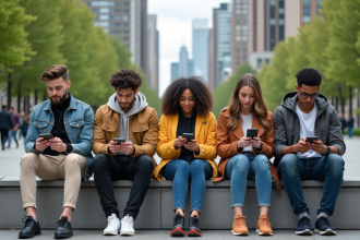 Groupe de jeunes adultes dans un parc urbain avec smartphones