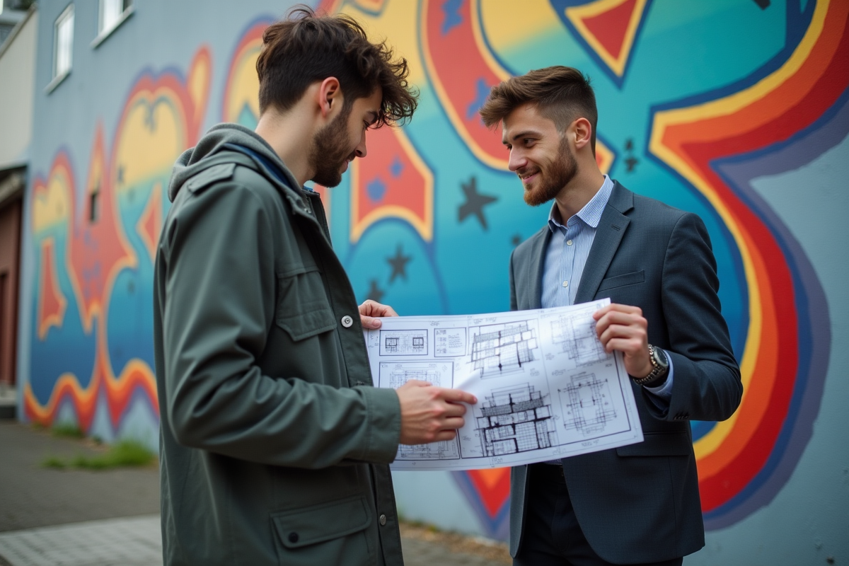 Deux jeunes discutant devant un mur graffite urbain