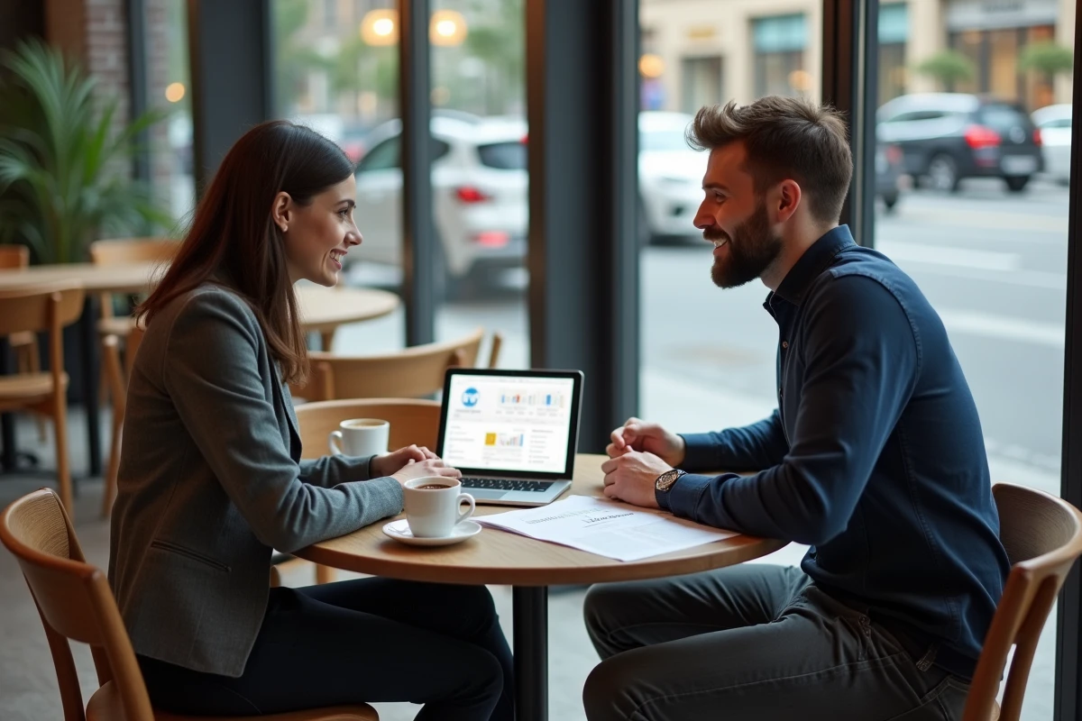 Deux jeunes entrepreneurs discutent d'un projet de création d'entreprise à moindre coût autour d'un plan d'affaires dans un café