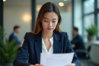 Femme professionnelle relisant une lettre de démission à son bureau avant une transition de CDD vers CDI