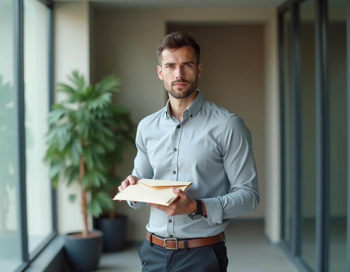 Homme tenant une enveloppe de lettre de démission dans un couloir de bureau lors d'une transition professionnelle CDD CDI