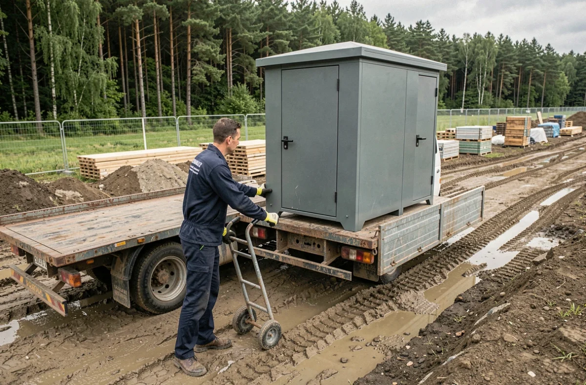 Technicien livrant et installant une cabine sanitaire portable sur un chantier rural de longue durée