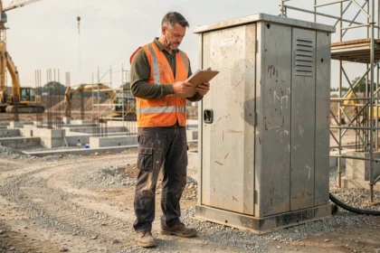 Ouvrier de chantier devant une installation sanitaire portable sur un chantier de longue durée