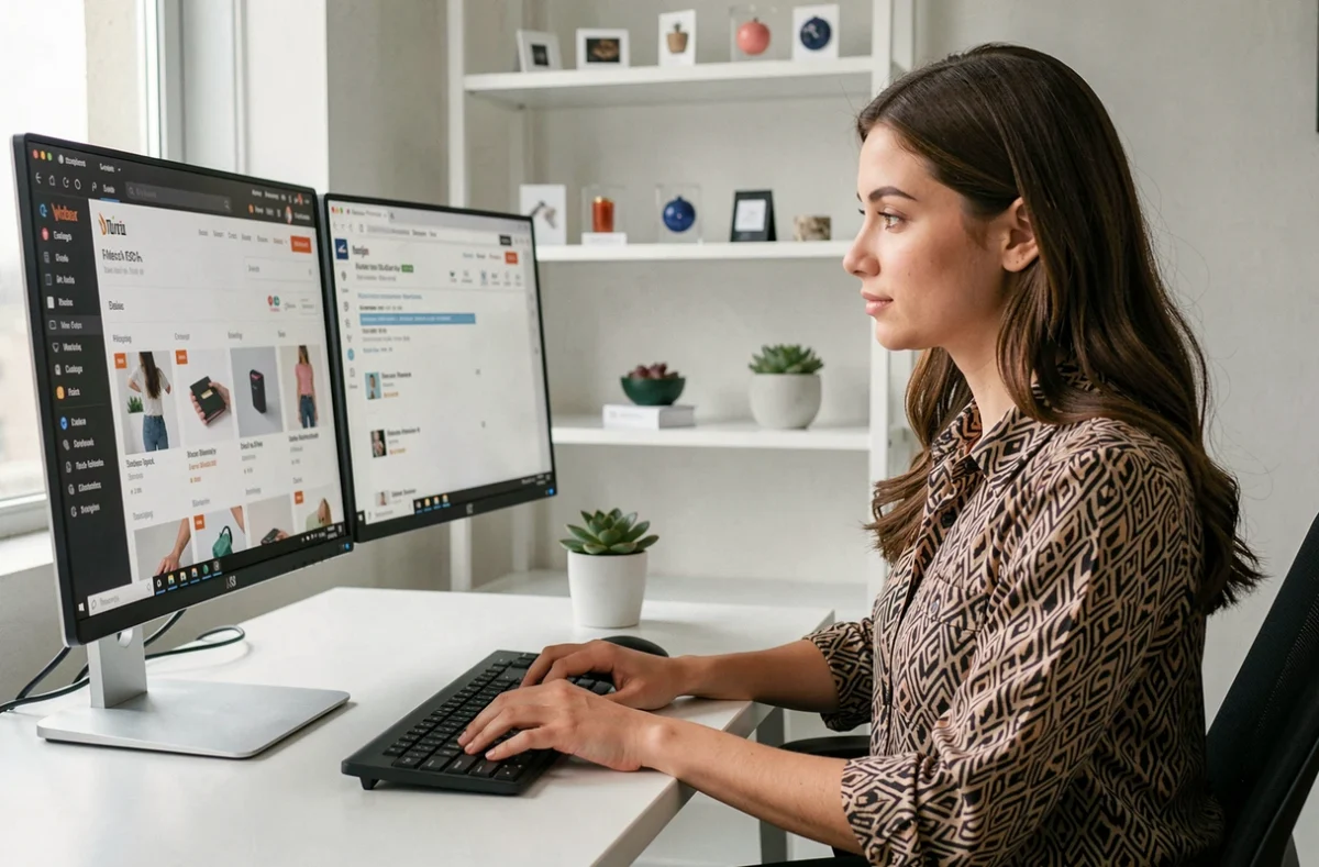 Gestionnaire e-commerce de Lustre Shop optimisant un catalogue produit en ligne avec des champs SEO sur un double écran