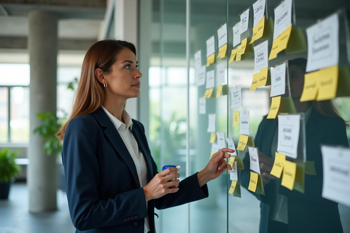 Femme manager devant un mur de post-its organisant les piliers RSE comme leviers de performance d'entreprise