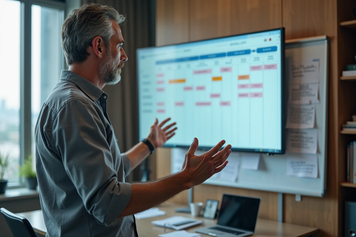 Manager senior présentant un planning de gestion d'équipe sur écran mural dans un bureau privé, symbolisant l'organisation et la scalabilité des processus business